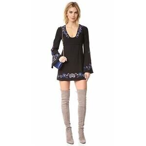 Free People Holiday Folk Black Floral Embroidered Bell Sleeve Mini Dress Size 0